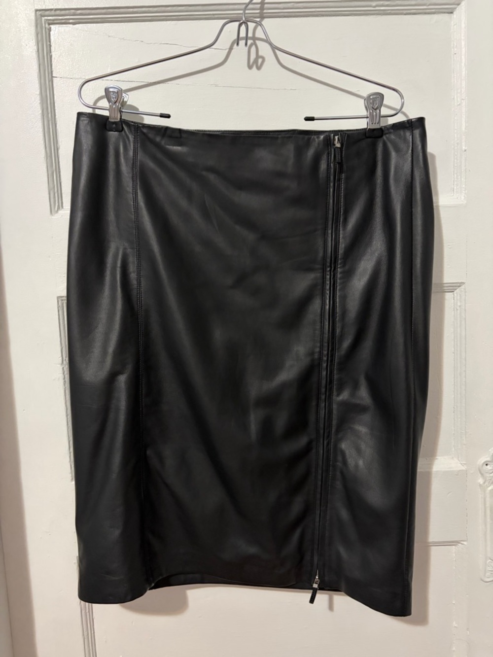 Ralph Lauren Black Real Leather Pencil Skirt with asymmetrical Front Zip